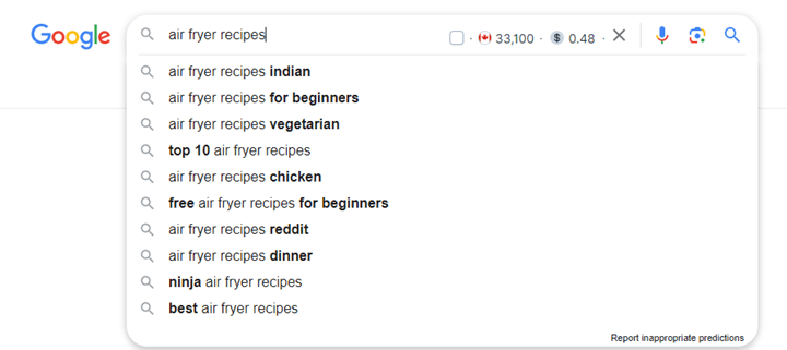 Google results page of predictive text for the word 'air fryer recipes'