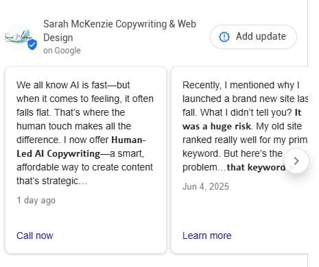 a screenshot of updates on Sarah McKenzie Copywriting & Web Design google profile