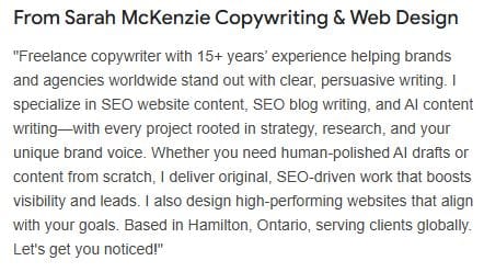 screenshot of description of business from google profile page