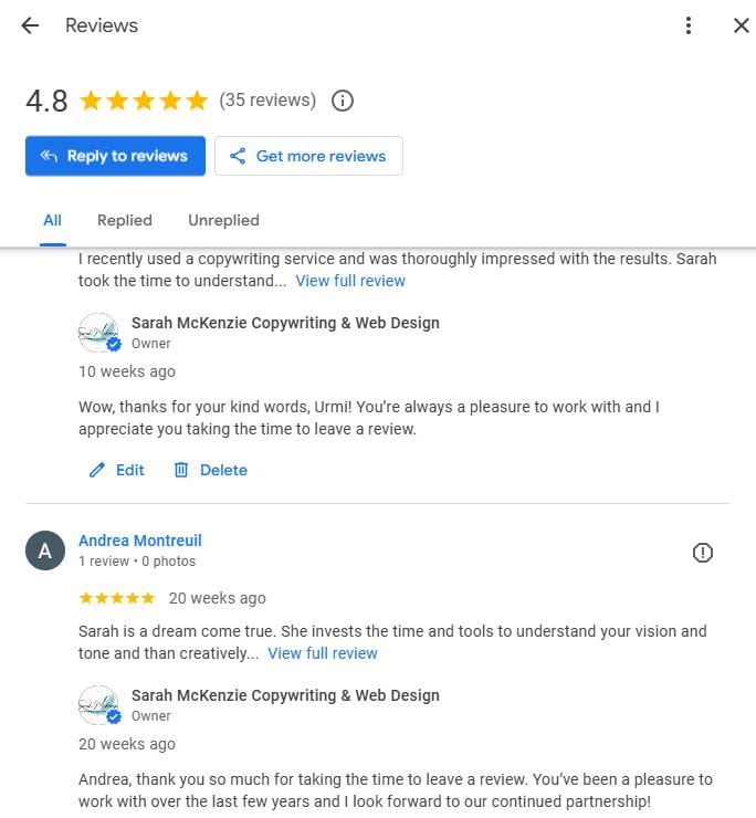 screenshot of reviews from a google profile page