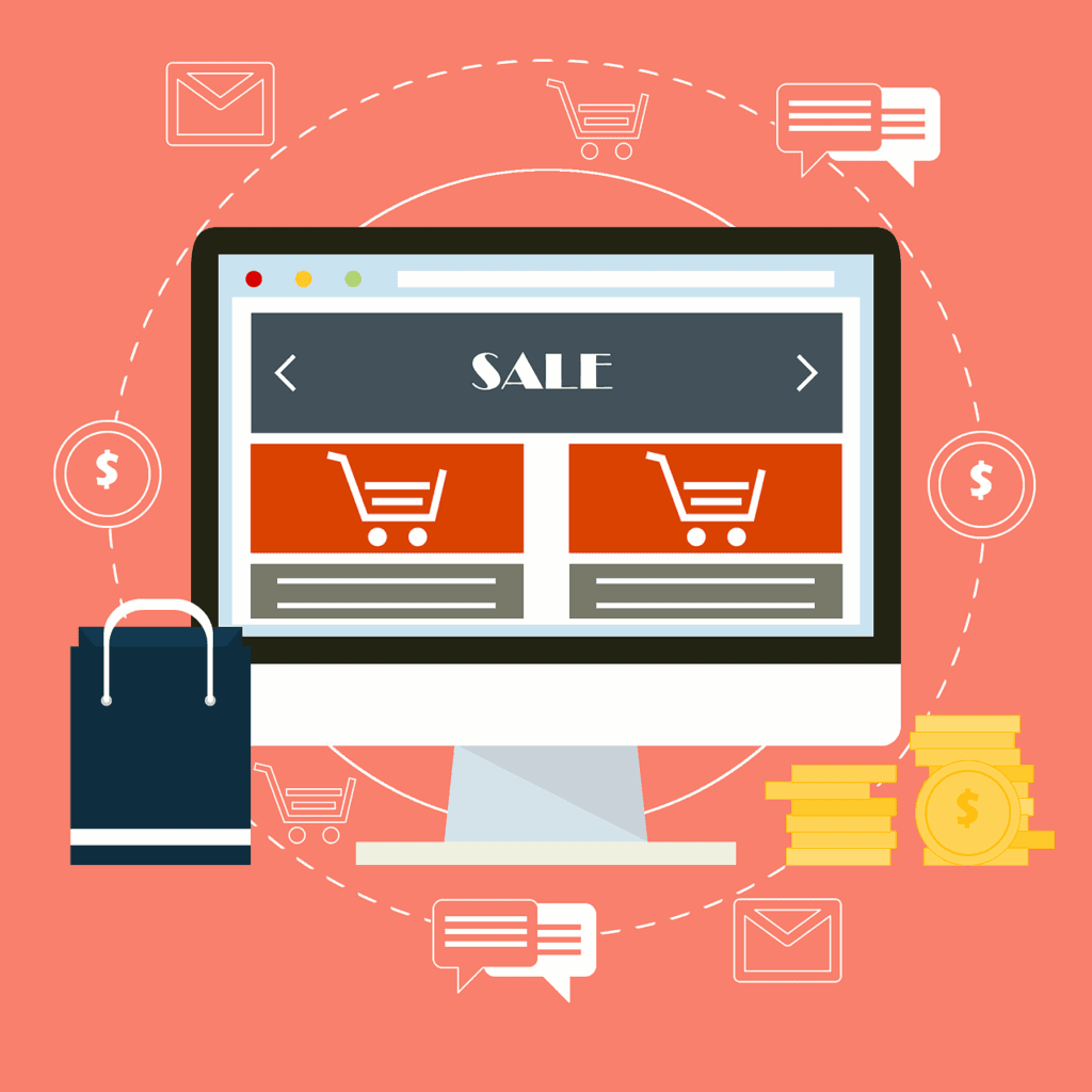 image of a computer screen with the words 'sale' and two shopping carts