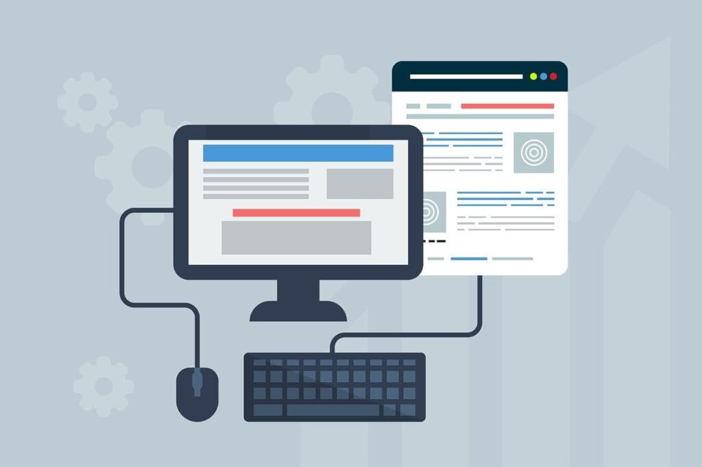 image of a graphic of a computer, mouse, and keyboard