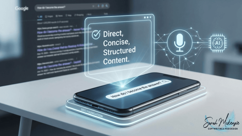 An AI image of a phone asking how it can become the answer; the Sarah McKenzie Copywriting & Web Design logo in the bottom corner